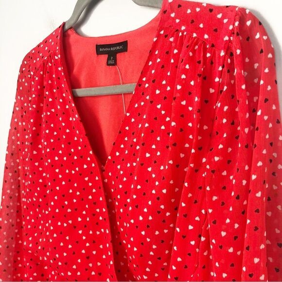 BANANA REPUBLIC | NEW Heart Print Red Wrap Style Mini Dress Women’s Size 2 - Picture 4 of 13